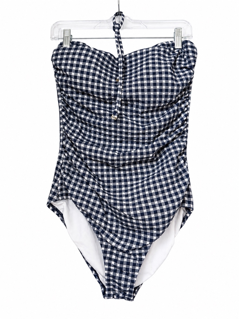 J.Crew Navy Gingham Ruched One Piece Swimsuit Size 10